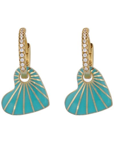 Ebru Jewelry Blue Enamel Heart Diamond Hoop Gold Earrings - Green