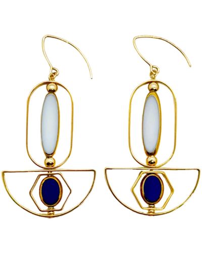 Aracheli Studio White Long Oval And Small Blue Oval Art Deco Earrings - Metallic
