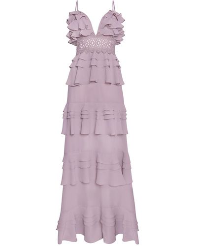 True Decadence Dusty Lilac Plunge Front Tiered Ruffle Maxi Dress - Purple