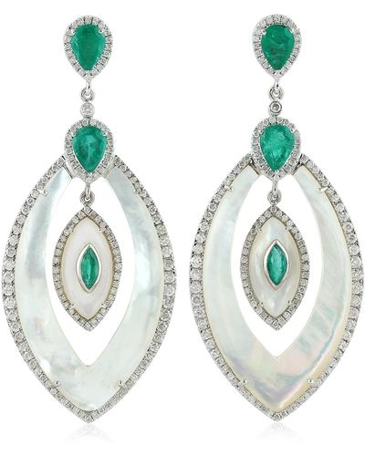 Artisan White Gold Diamond Mother Of Pearl Emerald Marquise Shape Dangle Earrings Handmade Jewellery - Green
