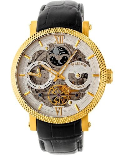 Heritor Aries Leather-band Skeleton Watch With Moon Phase - Metallic