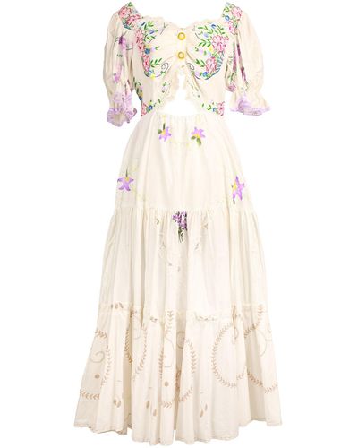 Sugar Cream Vintage Upcycled Embroidered Cotton Vintage Tiered Dress With Puffed Sleeves - Natural