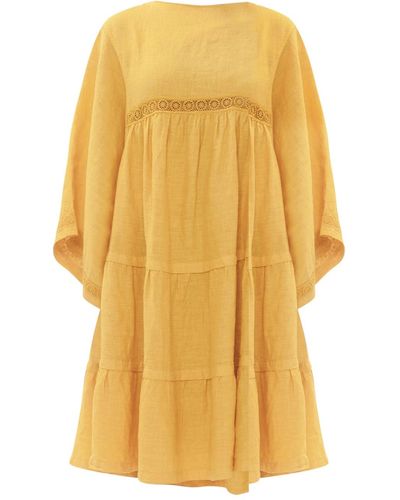 Haris Cotton Lace Insert Linen Dress With Flutter Sleeve And Ruffles - Yellow