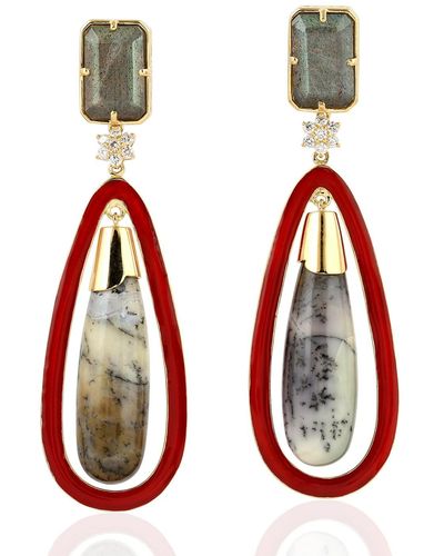 Artisan Agate Dangle Earrings Yellow Gold Diamond Laborite Gemstone Enamel Jewellery - Red
