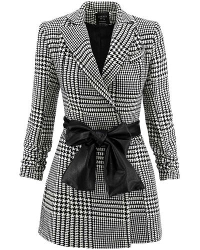 AVENUE No.29 Houndstooth Wool Blazer Dress With Contrast Belt - Black