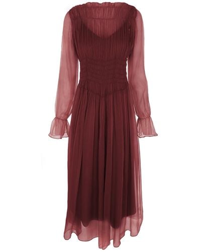 Framboise Layana Midi Burgundy Silk Dress - Red