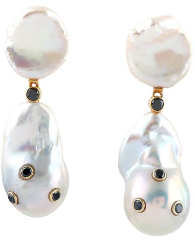 Artisan 18k Yellow Gold Black Diamond Natural Pearl Chinese Dangle Earrings - White