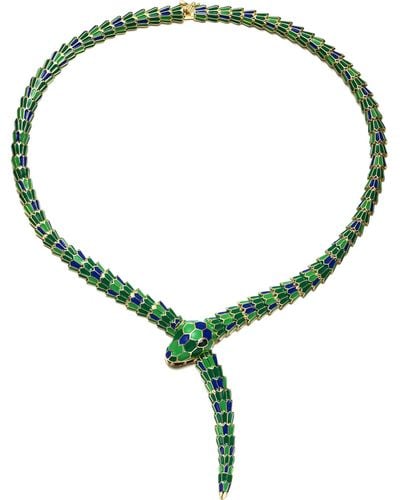 Genevive Jewelry Rachel Glauber Yellow Gold Plated With Emerald Cubic Zirconia Green Enamel Coiled Serpent Snake Stiff Collar Necklace