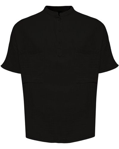 Monique Store Linen Mandarin Neck Half Button Two Chest Pockets Shirt Black