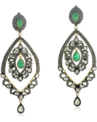 Artisan 925 Sterling Silver Uncut Diamond Emerald Drop Earrings 14k Gold Jewelry - Metallic