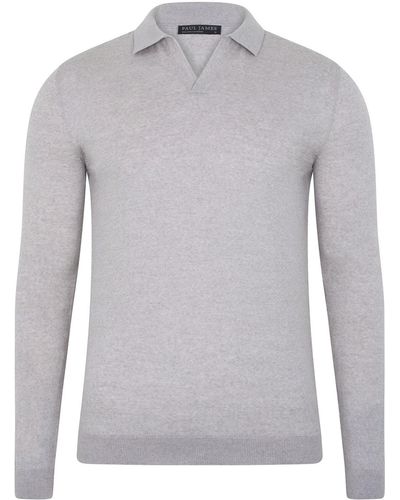 Paul James Knitwear S Ultra Fine Merino Pedro Buttonless Polo Shirt - Gray