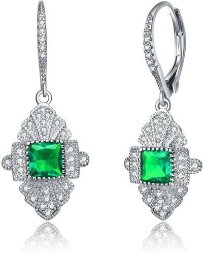 Genevive Jewelry Sterling Silver Emerald Cubic Zirconia Pave Drop Earrings - Green