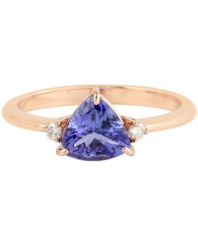 Artisan 14k Rose Gold With Triangle Cut Tanzanite & Genuine Diamond Cocktail Ring - Blue