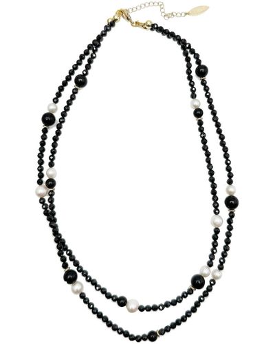 Farra Classic Obsidian With White Freshwater Pearls Double Layers Necklace - Black