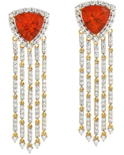 Artisan Handmade 18k Yellow Gold Natural Diamond Fire Opal Chandelier Earrings - Metallic