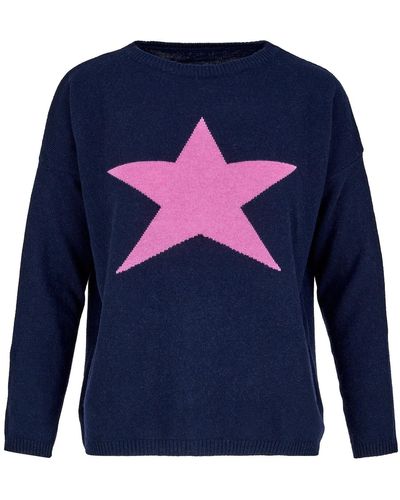 At Last Cashmere Mix Jumper In Navy With Pink Star - Blue