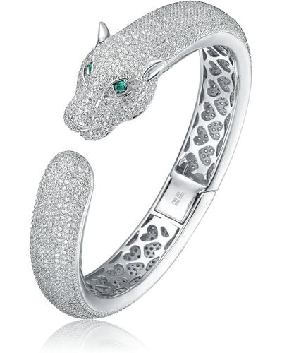 Genevive Jewelry Sterling Silver With Emerald & Diamond Cubic Zirconia Hinged Open Cuff Bangle Bracelet - Metallic