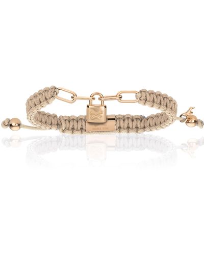 Double Bone Bracelets Neutrals Pink Gold Lock With Tan Polyester Bracelet - Metallic
