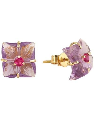Artisan Carved Mix Stone & Ruby In 18k Yellow Gold Mini Flower Stud Earrings - Pink