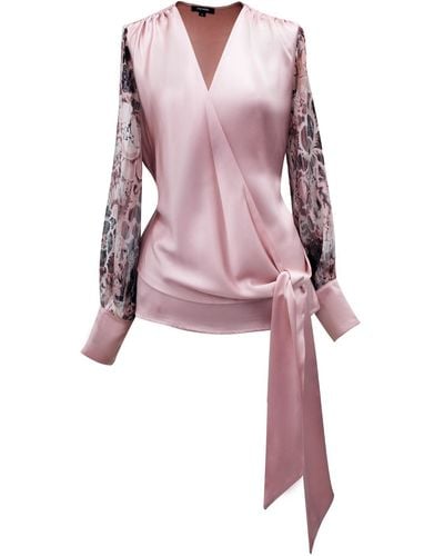 Smart and Joy Cross Heart Top With Floral Print Sleeves - Pink