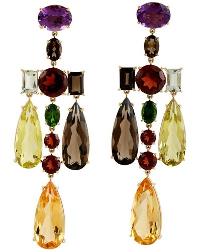 Artisan 18k Solid In Multi Gemstone Rainbow Color Designer Chandelier Earrings - Metallic