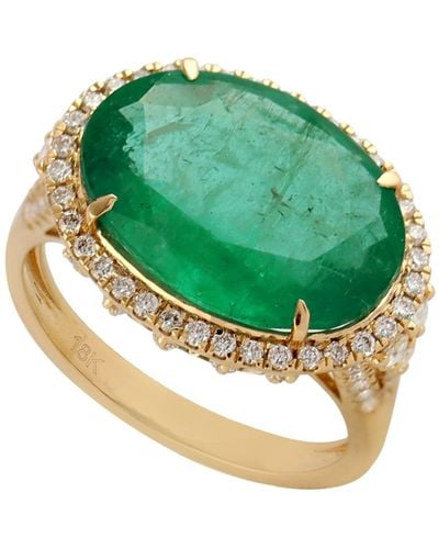 Artisan Natural Oval Emerald Diamond Cocktail Ring 18k Yellow Gold - Green