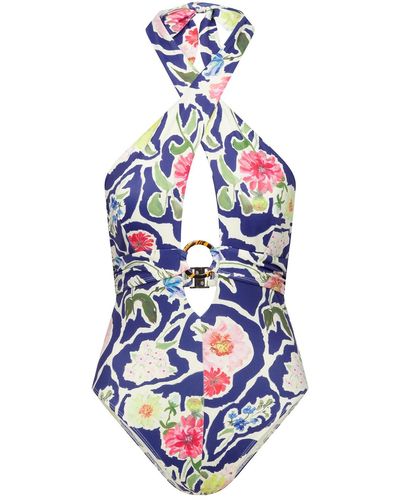 Hope & Ivy The Anthea Floral Print Cross Neck Low Back Swimsuit - Blue