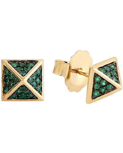 Artisan Emerald Pave Gemstone In 18k Yellow Gold Pyramid Design Stud Earrings - Multicolor