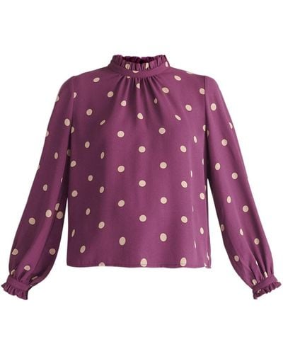 Paisie Pleated Collar Polka Dot Blouse In Pink And Cream - Purple