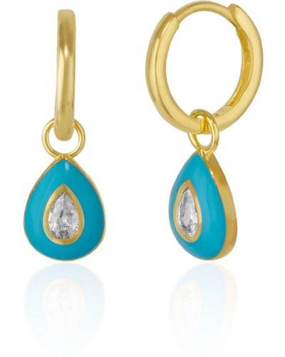 Spero London Enameled Jeweled Sterling Silver Drop Hoop Earring - Blue