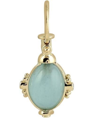 Artisan 18k Yellow Gold In Oval Aquamarine Gemstone & Diamond Designer Charm Pendant - Blue