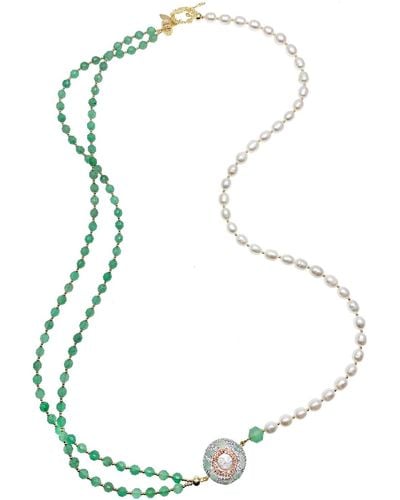 Farra Green Aventurine And Pearls With Rhinestone Long Necklace - Blue