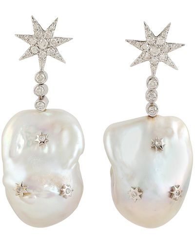 Artisan Pearl & Diamond 18k Gold Star Design Dangle Earrings - White