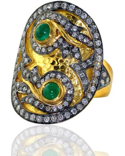 Artisan Emerald Pave Diamond 925 Sterling Silver 14k Yellow Gold Ring Jewelry - Metallic