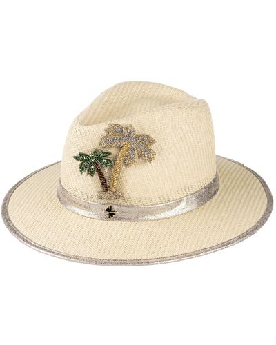 Laines London Straw Woven Hat With Couture Embellished Golden Palm Tree Brooch - Natural
