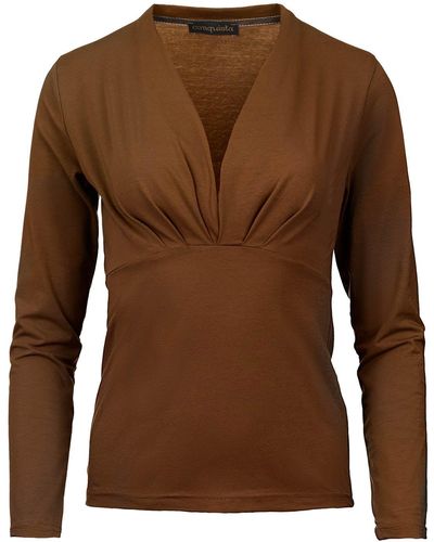 Conquista Long Sleeve Chocolate Faux Wrap Top In Stretch Jersey Sustainable Fabric - Brown
