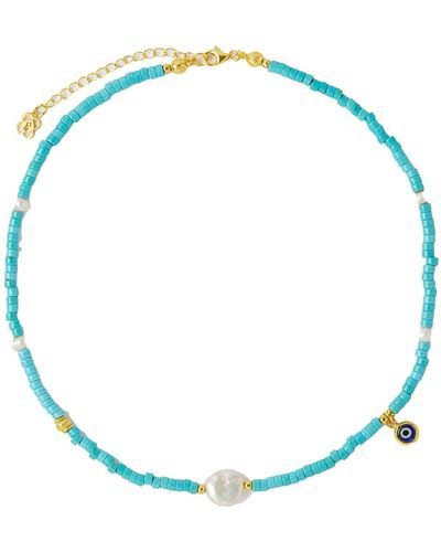 Ottoman Hands Layla Evil Eye Pearl And Turquoise Beaded Necklace - Blue