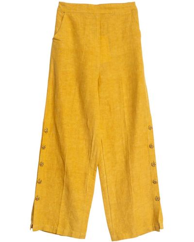Niza Wide Linen Trousers With Buttons Mustard - Yellow