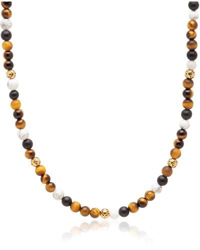 Nialaya Beaded Necklace With Brown Tiger Eye, Howlite, And Onyx - Metallic