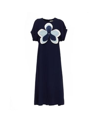 Julia Allert Viscose Midi Dark Dress With Handmade Floral Appliqué - Blue