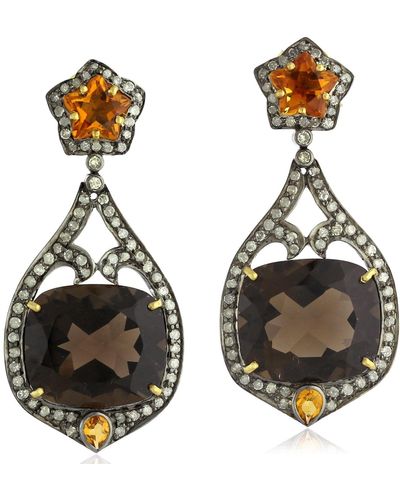 Artisan Pave Diamond Quartz Citrine Dangle Earrings Gold Sterling Silver Jewelry - Brown