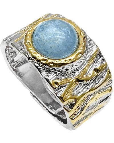 Farra Aquamarine Stone Platinum Plated Brass Adjustable Ring - Blue