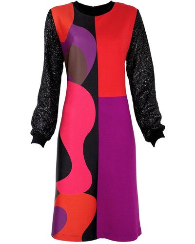 Lalipop Design Colorful&black Abstract Design Patchwork Knit Viscose Dress - Red