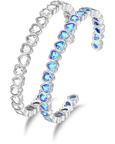 Classicharms Silver Heart Shaped Zirconia Bangle Bracelet Set - Blue