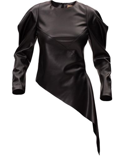 Julia Allert Designer Asymmetrical Faux Leather Blouse - Black