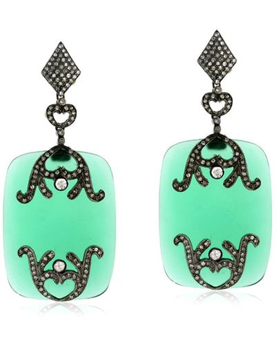 Artisan Green Onyx Gemstone & Pave Diamond In 18k Gold With Silver Dangle Earrings