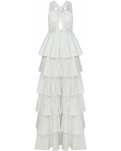NAZLI CEREN Laurel Printed Cotton Long Dress In Cannoli Cream - White