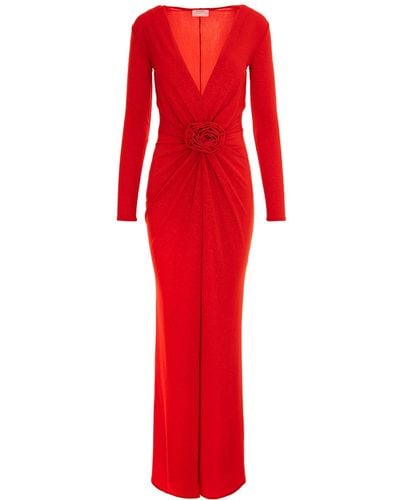 ROSERRY Mallorca Lurex Jersey Maxi Dress With Fixed Rosette Detail In - Red
