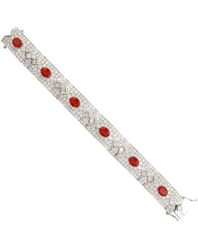 Artisan Natural Diamond Pave Oval Cut Fire Opal In 18k White Gold Attractive Fixed & Flexible Bracelet - Pink