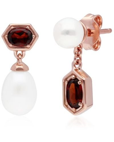 Gemondo Mismatched Garnet & Pearl Dangle Earrings In Rose Gold Plated Silver - Red